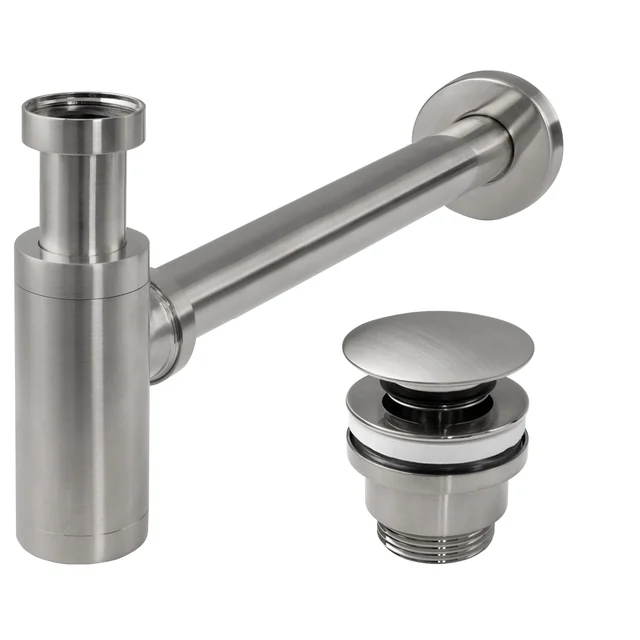 Rea washbasin siphon with Rea click-clack plug, BRUSHED NICKEL