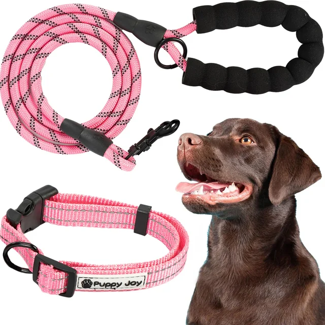 Reflekterande hundkoppel och halsband PJ-036 Rosa