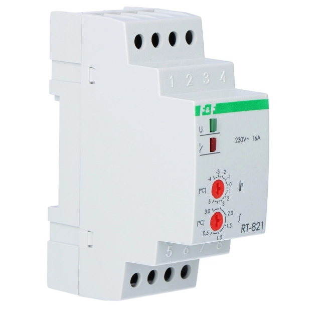 Regolatore di temperatura RT-821 con sonda in kmpl. campo di regolazione della temperatura:-4÷5°C, contatti:1P ,I=16A, 2 moduli