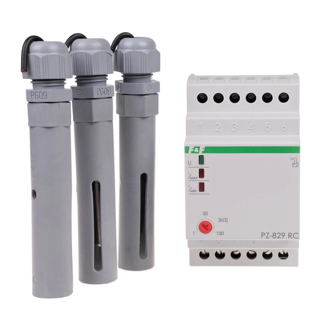 Relè controllo livello liquido PZ-829 RC a due stadi, con sensibilità regolabile, con sonde PZ2 (3szt.), contatti 2×1P, I=2×16A, 3 moduli