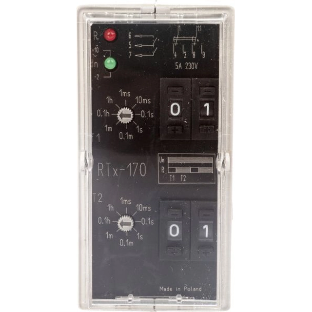 Relé temporizador Schneider Electric 2P 5A 0,001sek-99h 220-230V Funcionamiento cíclico CA/CC (inicio desde encendido retardado) RTX-170 220/230