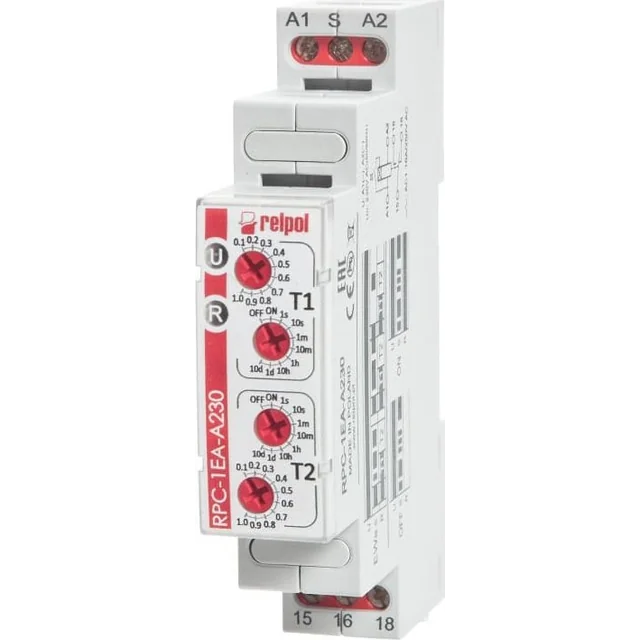 Relpol Relé de temporização 1P 1sek-10dni 230V AC 50/60 Hz atraso no desligamento RPC-1EA-A230 863204