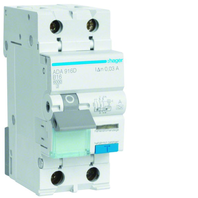 Residual current circuit breaker with overcurrent element B/6KA, 16A, 30mA, 2 polar type A