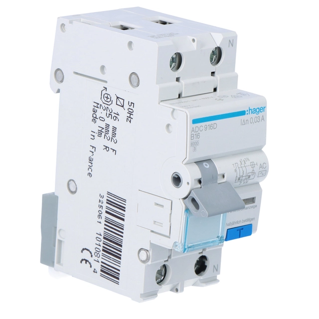 Residual current circuit breaker with overcurrent element B/6KA, 16A, 30mA, 2 pole type AC