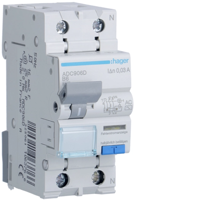 Residual current circuit breaker with part override 1P + N 6kA B 6A / 30mA AC ADC906D