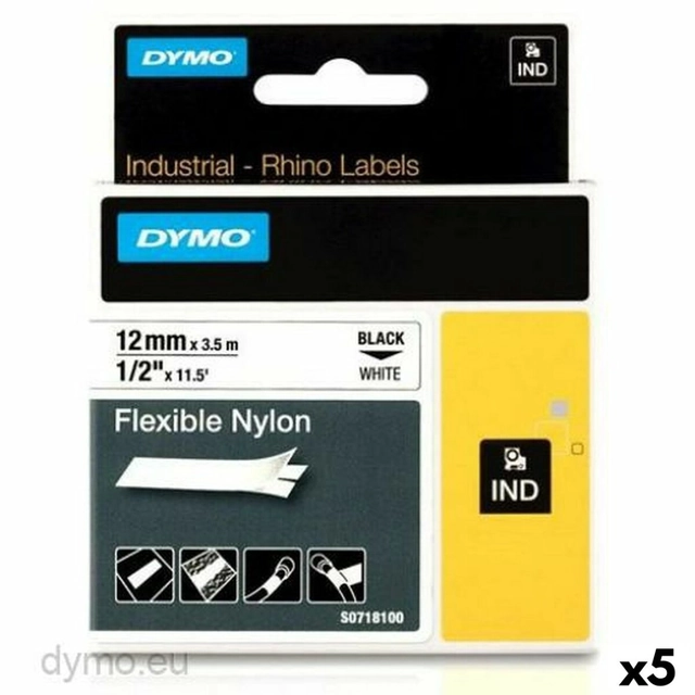 Rhino Dymo Laminated Label Printer Tape ID1-12 12 x 3,5 mm Black White Self-adhesive (5 Pieces)