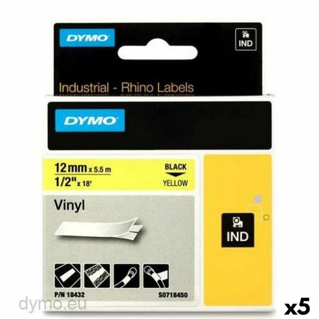 Rhino Dymo -laminoitu tarratulostinnauha ID1-12 12 x 5,5 mm Musta keltainen itseliimautuva tarra (5 kappaletta)