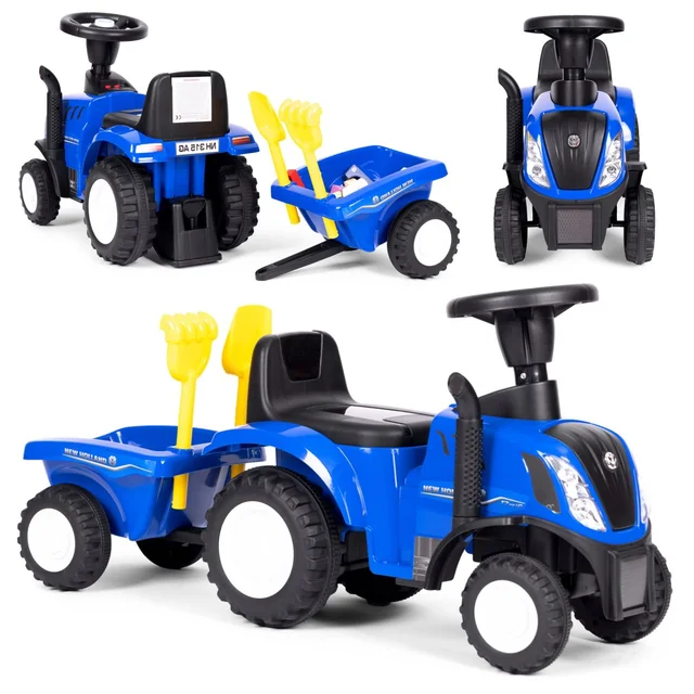 Ride-on traktor med trailer til børn, interaktivt rat, blå lyde