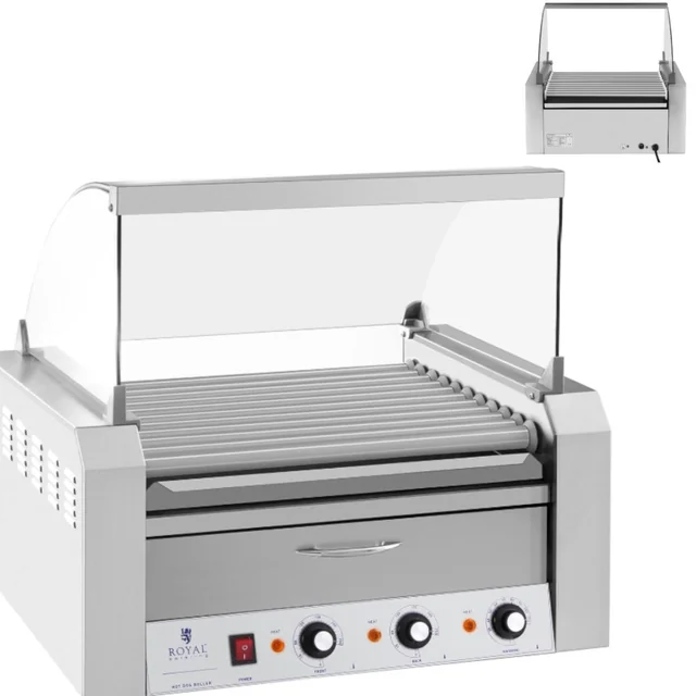 Roller roller grill with cover and heating drawer for buns 20 HotDog sausages 2600W 230V Royal Catering