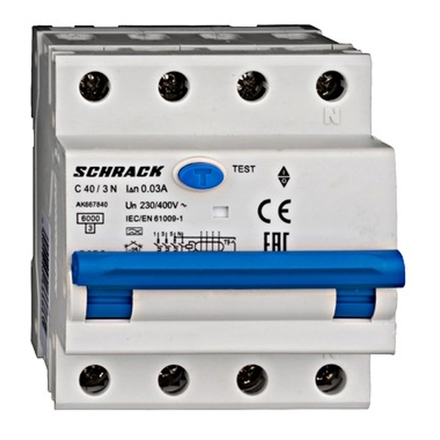 Schrack jungiklis AK667840 automatinis+dif. 3+N, AMPARO 6kA, C 40A, 30mA,tip A, stacionari įkrovimo stotelė