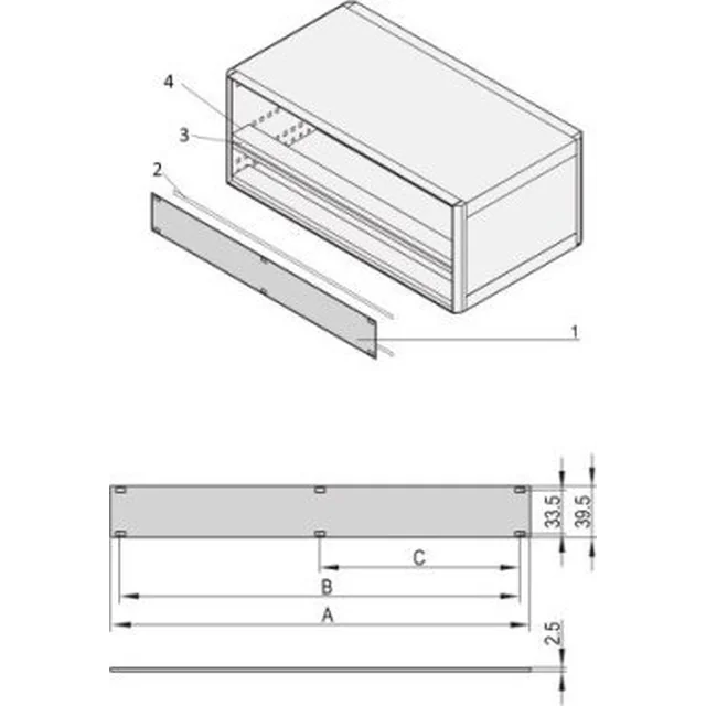 SCHROFF Panoul frontal SCHROFF 1 HE, 84 HE, montare pe șină orizontală, 2,5 mm, Al, anodizat în față, conductiv în spate