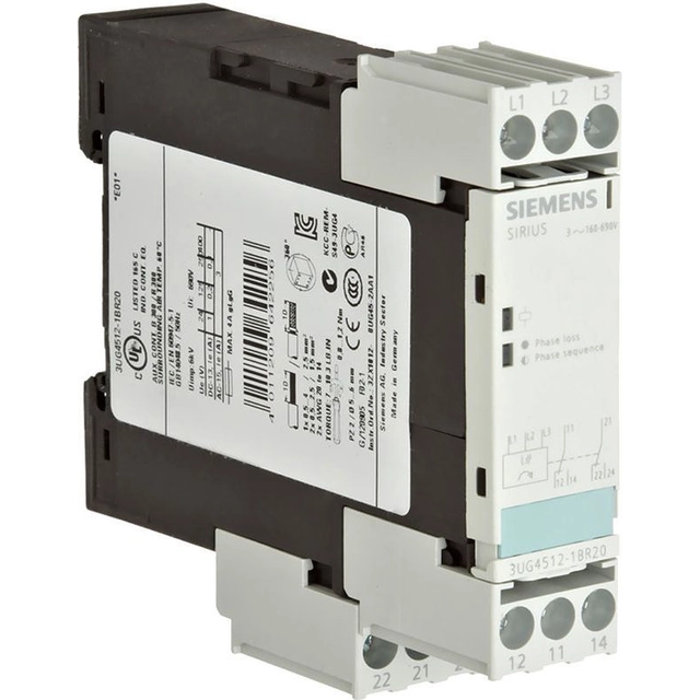 Secvența fazelor și releul de defecțiune Siemens 3A 2P 0,45sek 160-690V AC (3UG4512-1BR20)