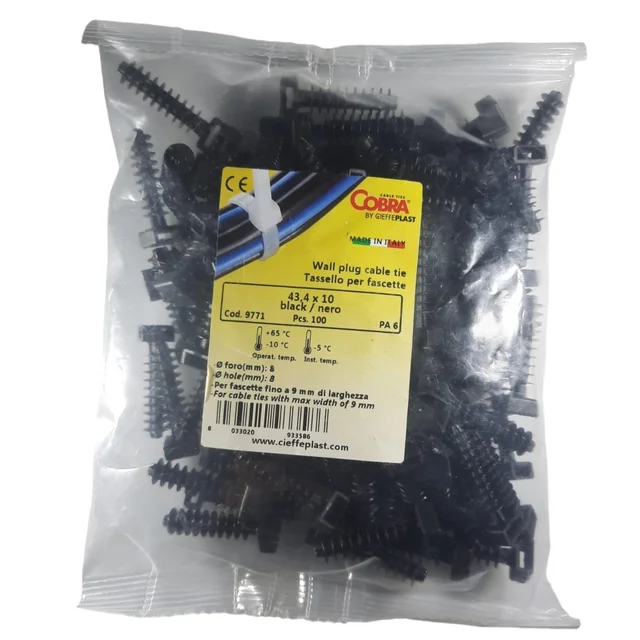 Set 100 dibluri negre de perete pentru fixare colier cablu 43.4x10mm gaura 8mm 9771 Cobra