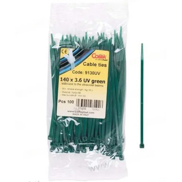 Set 100 green very UV resistant cable collar 140x3,6 for outdoor applications COBRA 9130UV