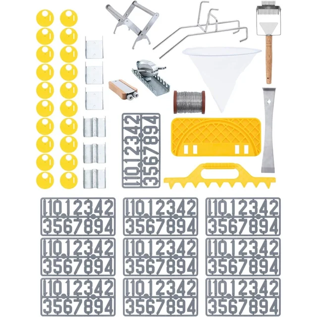 Set bijenteeltgereedschappen, draadspanner, riem, nummers voor bijenkorven - 45 st.