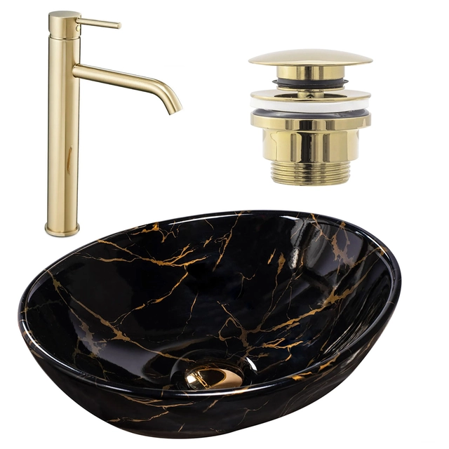 Set marmura neagra Sofia + mixer inalt Lungo gold + pluta universala gold