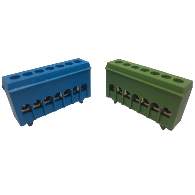 Set of terminal block clamps bars for grounding and neutral blue and green on rail 7 max holes 16mm² 63A isolated