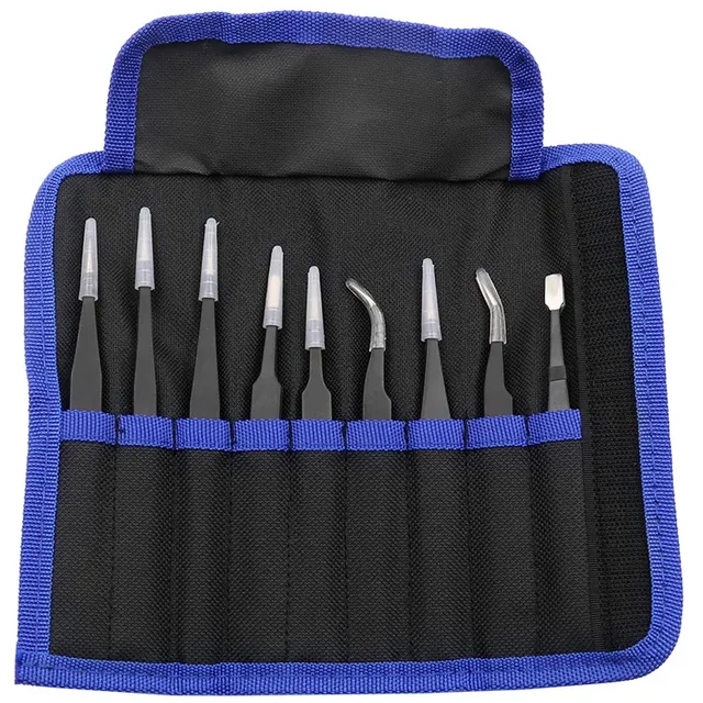 Set of Tweezers 9 pieces Antistatic ESD Case