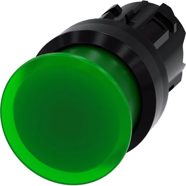 Siemens apgaismota sēņu poga 22mm apaļa plastmasas zaļa 30mm ar atsperi 3SU1001-1AD40-0AA0