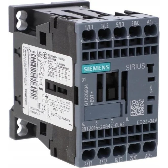 Siemens Järnvägskontaktor S00 AC-3 4kW / 400V 1R 24VDC 0.7...1.25 US med varistorfjäderanslutning för PLC-styrning 3RT2016-2XB42