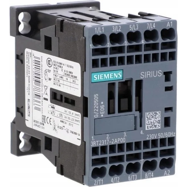 Siemens Stycznik S00 AC-1 14.5 kW / 400V AC-1 22A AC 230V 50/60Hz 4R 4P przyłącze sprężynowe 3RT2317-2AP00