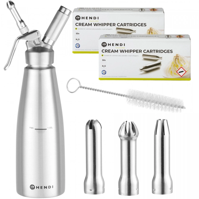 Sifone Panna Professionale Acciaio Inox 1l + Cartucce 100 N2o Hendi