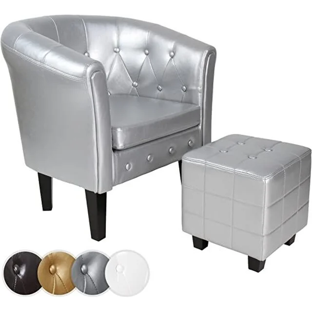 Sillón club Chesterfield con taburete, plata