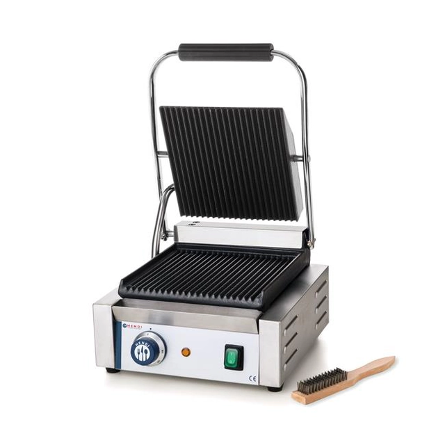 Single contact grill with ribbed top, smooth bottom