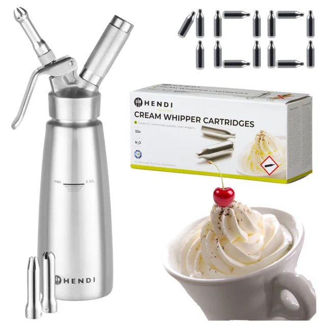 Siphon à crème fouettée Hendi 588017 Acier inoxydable + Cartouches N2O 100 Pcs.