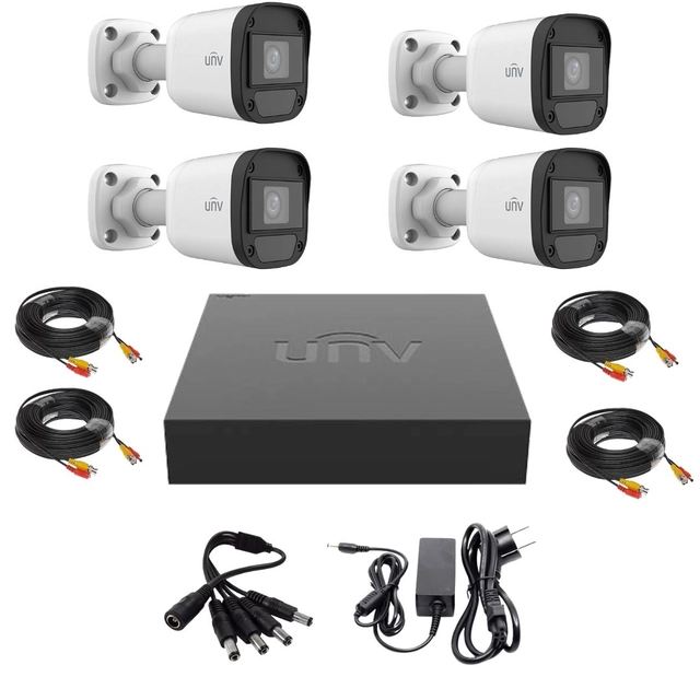 Sistem de supraveghere Uniview, 4 camere de 2 Megapixeli, Infrarosu 20M, DVR Hibrid cu 4 canale 2MP, Accesorii