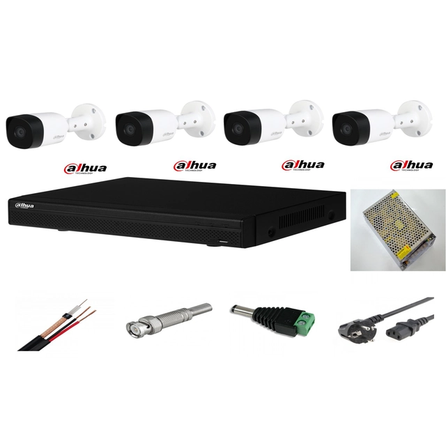 Sistem supraveghere video exterior 4 camere Dahua 2MP IR 20m, DVR Dahua, accesorii incluse