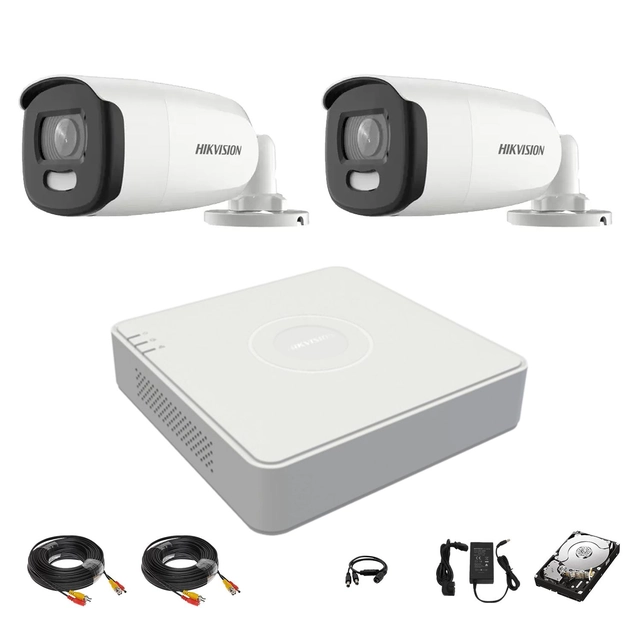 Sistema 2 telecamere Hikvision ColorVU 5MP 2.8mm luce bianca 40m, DVR 4 canali, accessori, disco rigido 1TB