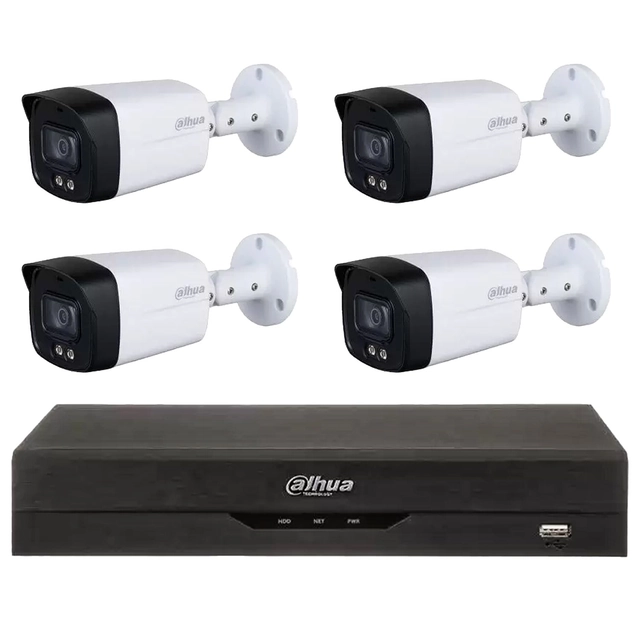 Sistema básico de vigilancia exterior Dahua Full Color, cámaras 4, 5MP, luz blanca 40 m, 3.6 mm, micrófono, DVR 4 canales 5MP, H.265+