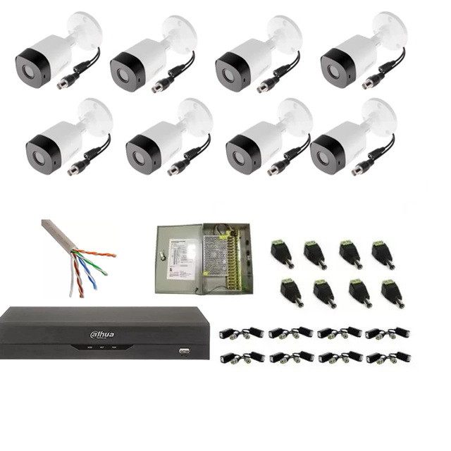 Sistema completo de vigilancia 8 Cámaras exteriores FULL HD 2MP lente fija 3.6MM, IR 20m, DVR 8 canales, accesorios