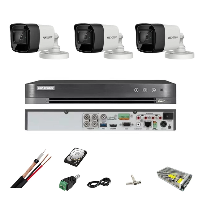 Sistema completo de vigilância Hikvision Turbo HD, gravando 4K ou 8,3 Mp, com 3 câmeras externas e IR 30 m