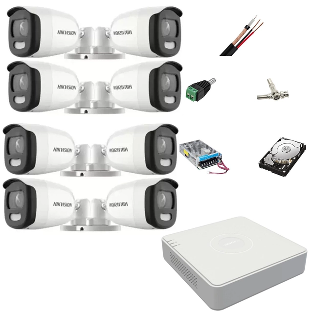 Sistema de videovigilancia 8 Cámaras Hikvision ColorVU 5MP, 2.8mm, luz blanca 20m, DVR 8 canales, accesorios de montaje, disco duro