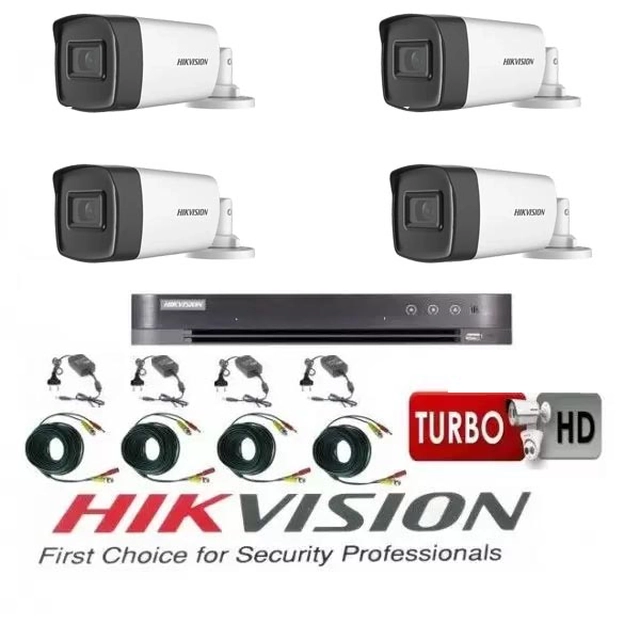 Sistema de videovigilancia Hikvision 4 cámaras 2MP Turbo HD, IR80m y IR40m, Hikvision DVR, HARD 500GB, accesorios completos