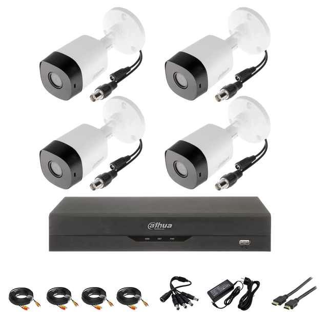 Sistema de videovigilancia profesional exterior 4 cámaras 2MP, IR20m con Dahua DVR 4 canales, accesorios