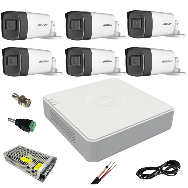 Sistema de videovigilancia ultra profesional Hikvision 6 cámaras exteriores 5MP Turbo HD con IR 80M, DVR 8 canales, accesorios completos