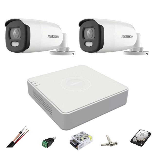 Sistema de vigilância 2 Câmeras ColorVU Hikvision 5MP, luz branca 40m, 2.8mm, DVR 4 canais, acessórios de montagem, disco rígido 1TB