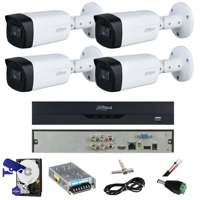 Sistema de vigilancia 4 cámaras Dahua, 5 MP, IR 80M, lente 3.6MM, Starlight, DVR Dahua 4 canales, 5MP, Accesorios
