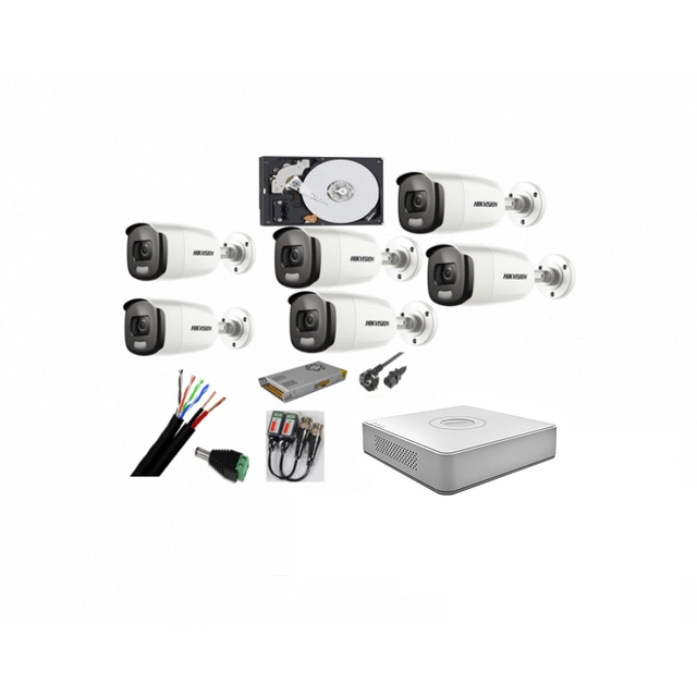 Sistema de vigilancia 6 Cámaras Hikvision 2mp Color Vu con IR 40m (color noche), DVR 8 canales, accesorios