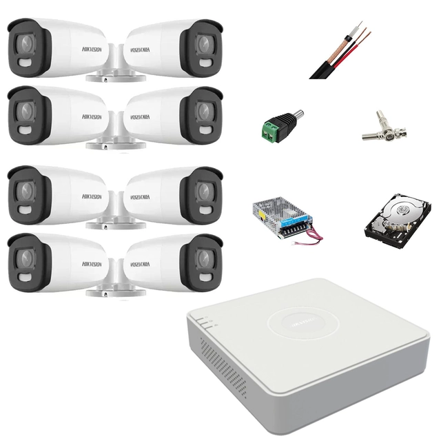 Sistema de vigilância 8 Câmeras externas Hikvision ColorVu 5MP, luz branca 40m, DVR 8 Canais Hikvision, acessórios, disco rígido