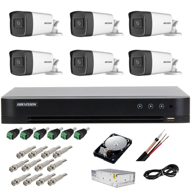 Sistema de vigilância completo 5 MP Hikvision Turbo HD com 6 câmeras Bullet IR 40 m, fonte de alimentação, HDD 1TB, acessórios completos