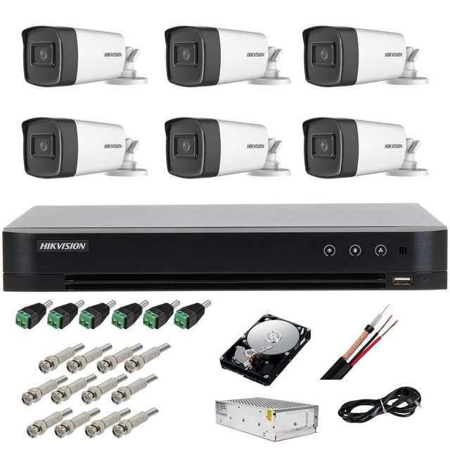 Sistema de vigilancia completo 5 MP Hikvision Turbo HD con 6 Cámaras Bullet IR 40 m, fuente de alimentación, HDD 1TB, accesorios completos