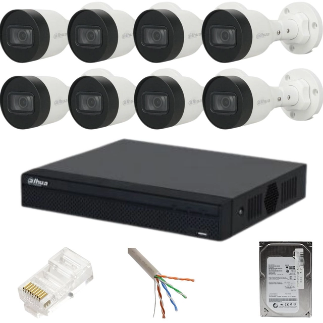 Sistema de vigilancia Dahua 8 cámaras exteriores, IP, 2MP, IR 30M, PoE, Bullet, NVR 8 canales, PoE