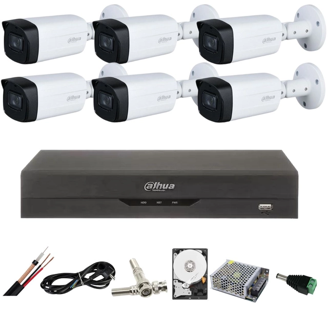 Sistema de vigilância Dahua com 6 câmeras 5 MP IR 80M lente 3.6MM Starlight, DVR Dahua 8 canais 8MP Acessórios rígidos incluídos