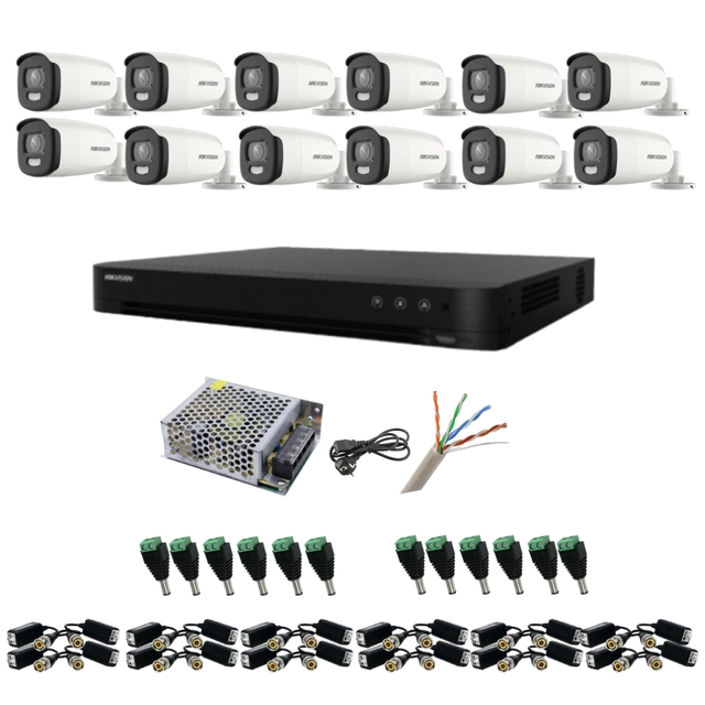 Sistema de vigilância Hikvision 12 câmeras 5MP ColorVu, DVR colorido à noite 40m, com 16 canais 8MP, acessórios incluídos