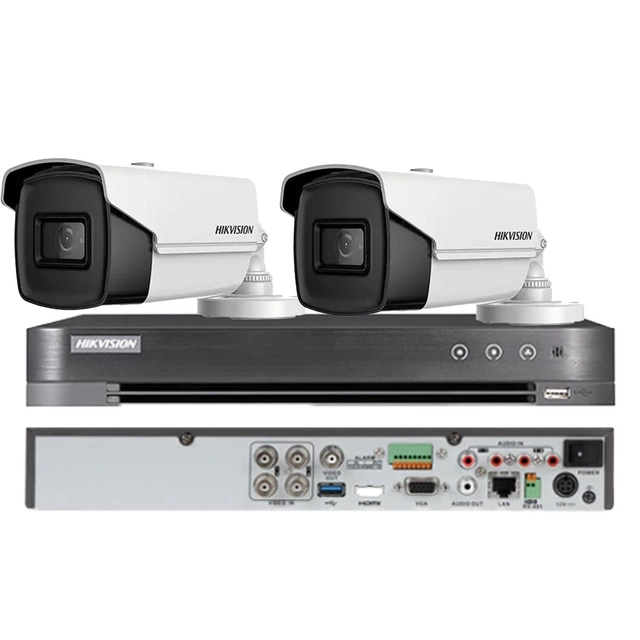 Sistema de vigilancia HIKVISION 2 cámaras tipo bala 8MP, IR 80m, 4 en 1 lente 3.6mm, DVR 4 canales 4K 8MP