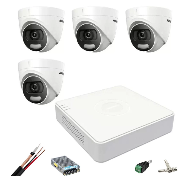 Sistema de vigilancia Hikvision 4 Cámaras interiores 5MP ColorVU, luz blanca 20m, DVR 4 Canales TurboHD, accesorios